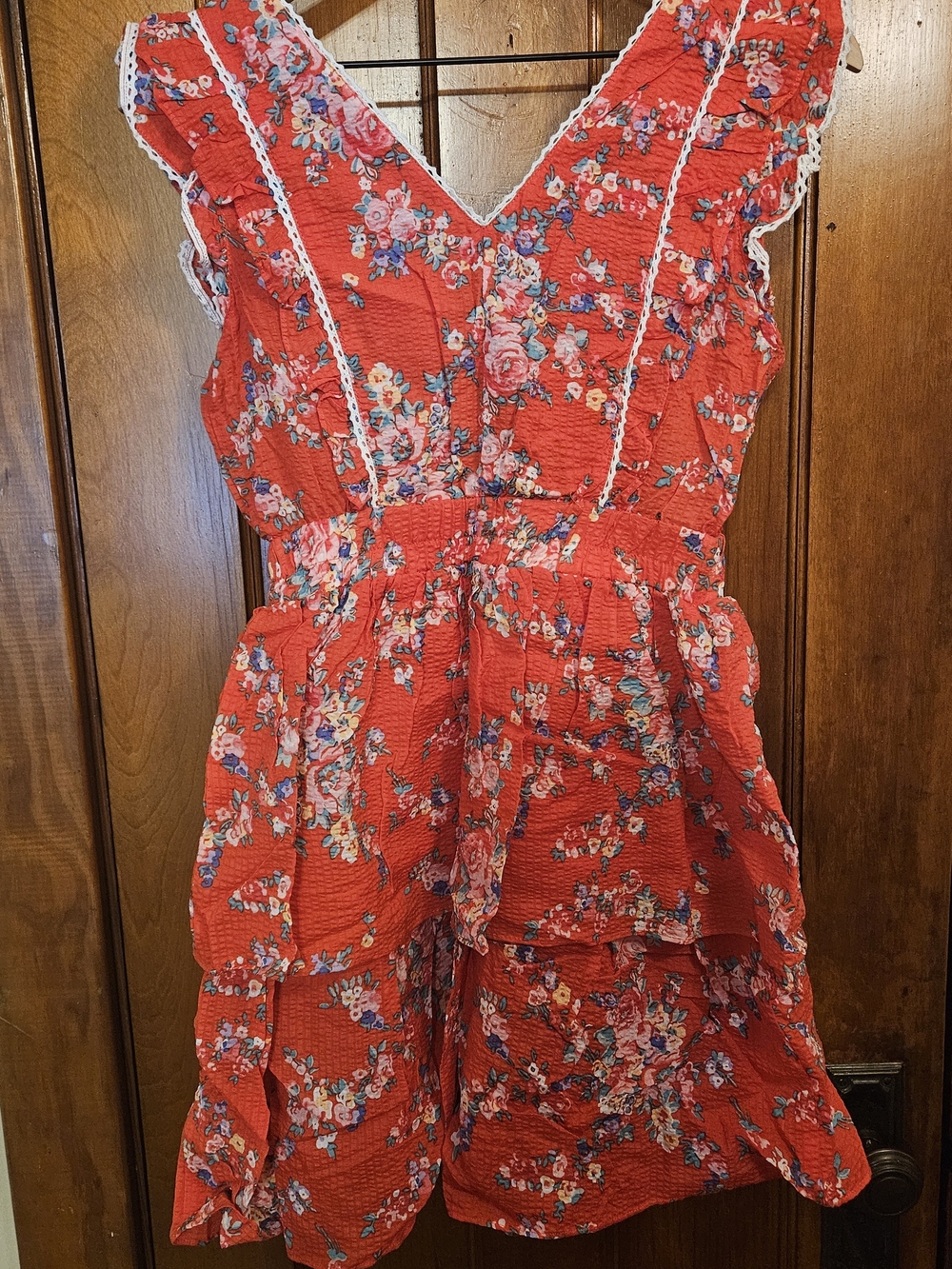 Betsey Johnson Red Floral V-Neck Mini Dress with Lace Trim - Picture 2 of 7